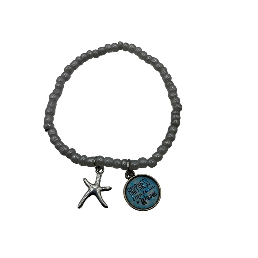 Happiness Comes In Waves Starfish Beaded Stretch Bracelet Beach Jewelry Silver